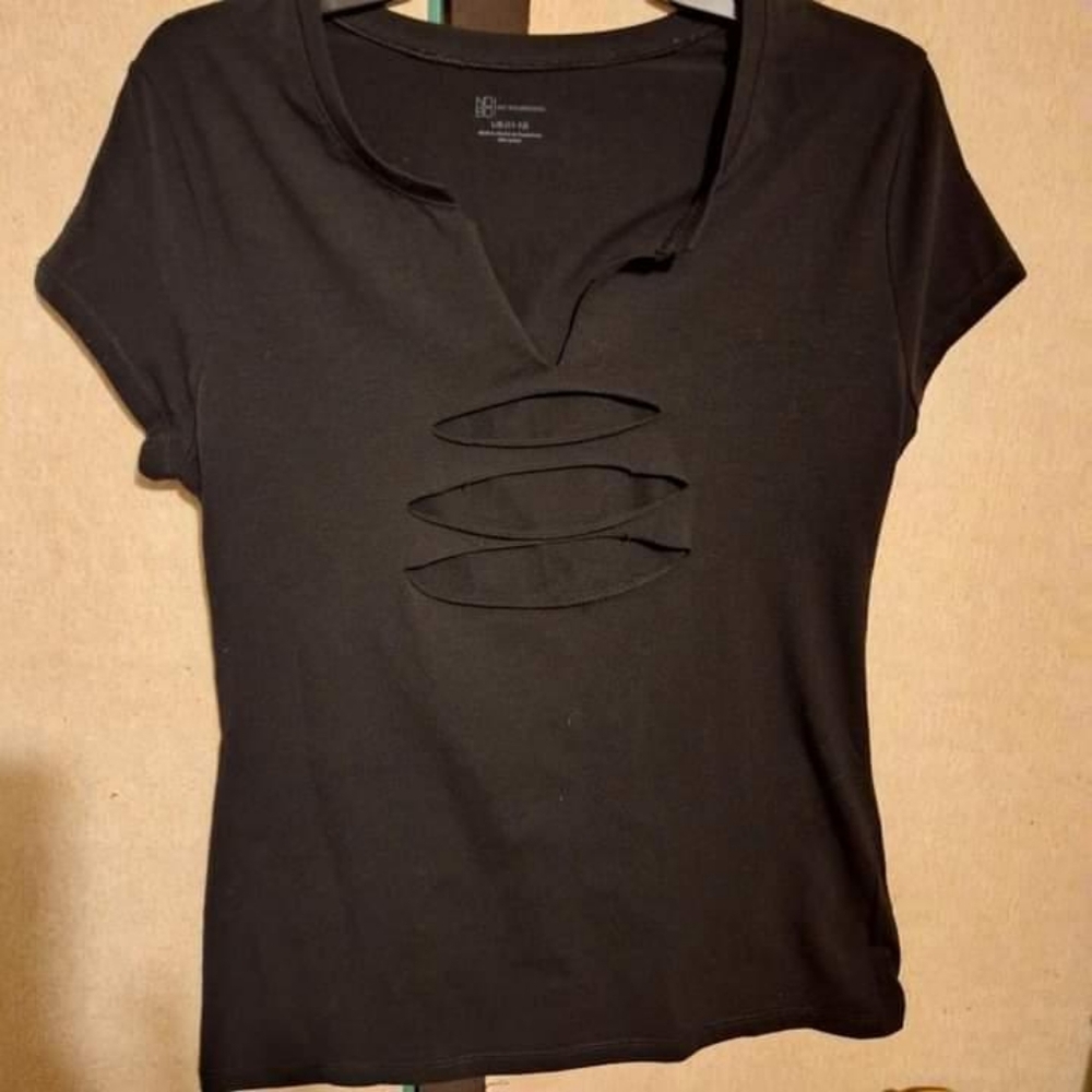 'No Boundaries' fitted, split neck, "ripped-for-you" black t-shirt.